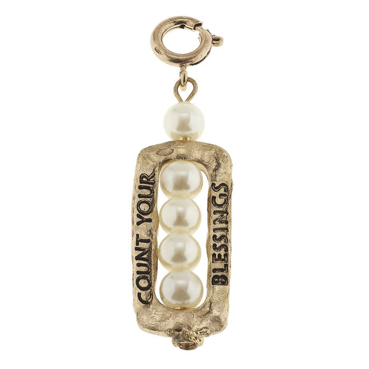 Antique Gold "Count Your Blessings" Framed Ivory Pearl Charm