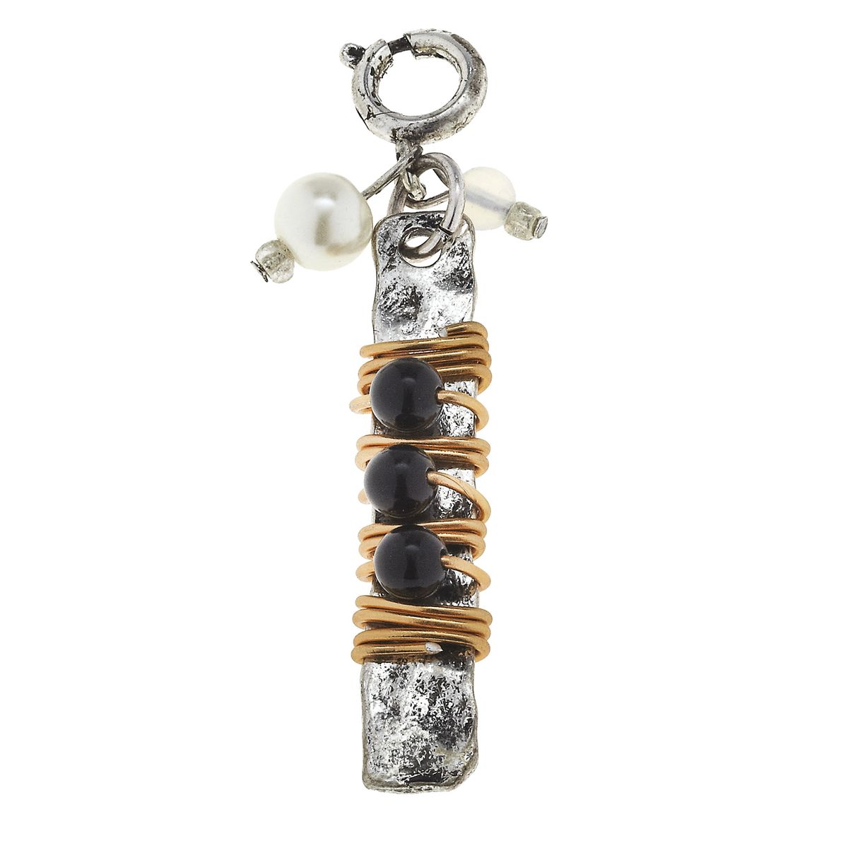 Wire Wrapped Black Glass Beaded Antique Silver Bar Charm