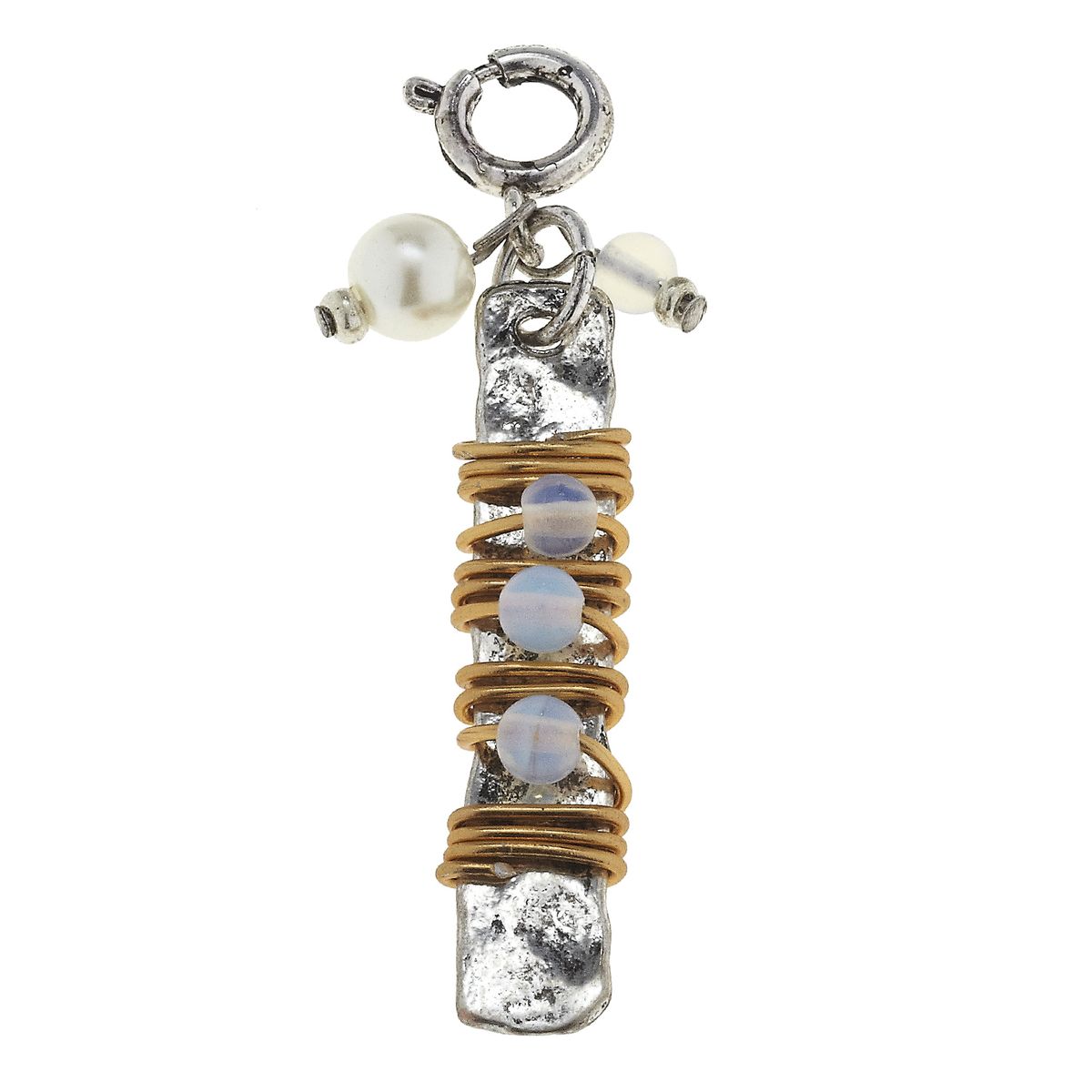 Wire Wrapped Clear Glass Beaded Antique Silver Bar Charm