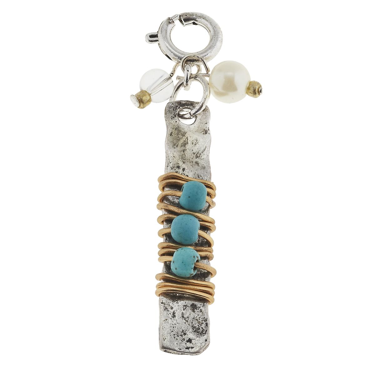 Wire Wrapped Turquoise Glass Beaded Antique Silver Bar Charm