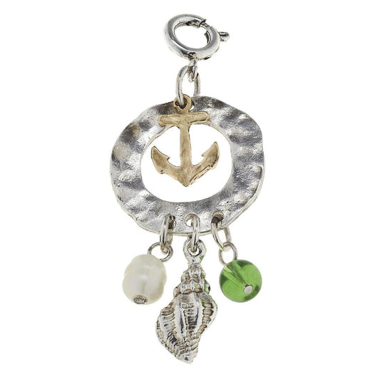 Antique Silver and Gold Anchor Cluster Ring with Green Glass Charm