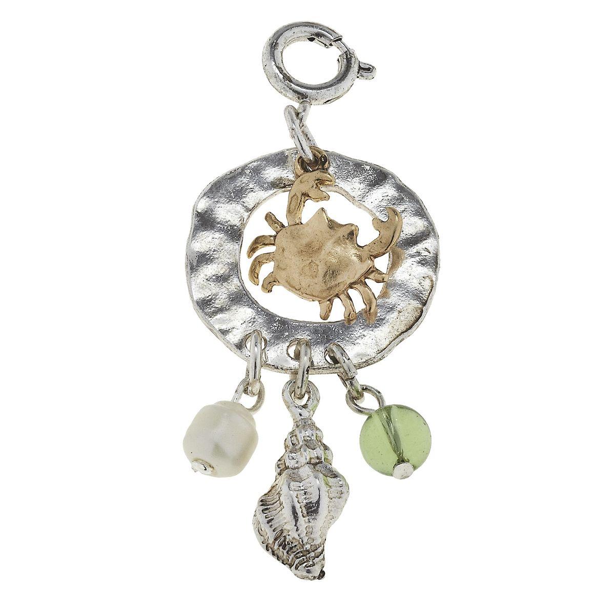 Antique Silver and Gold Crab Cluster Ring with Green Glass Charm