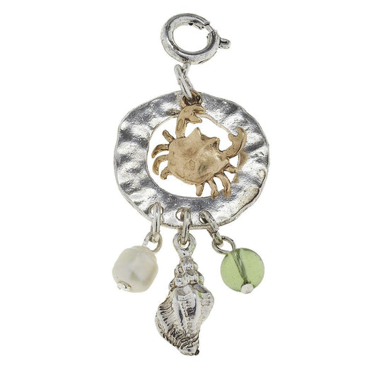Antique Silver and Gold Crab Cluster Ring with Green Glass Charm
