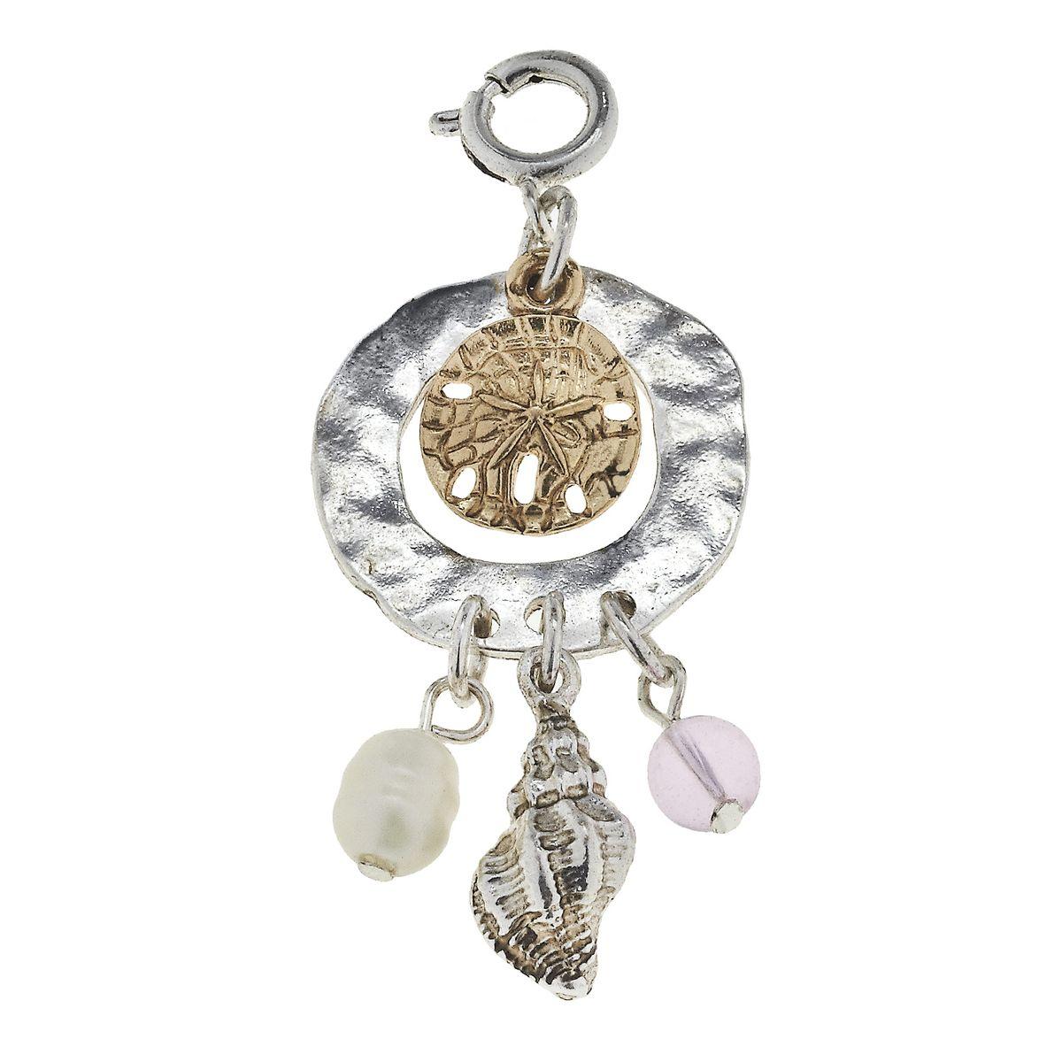 Antique Silver and Gold Sandollar Cluster Ring with Liht Pink Glass Charm