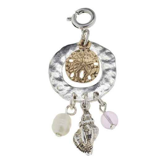 Antique Silver and Gold Sandollar Cluster Ring with Liht Pink Glass Charm