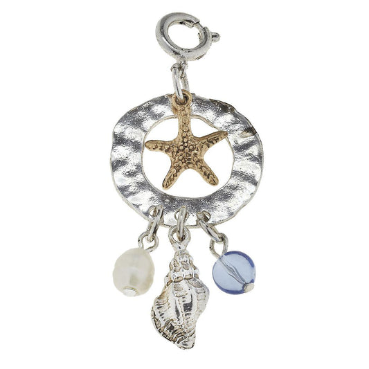 Antique Silver and Gold Starfish Cluster Ring with Light Blue Glass Charm