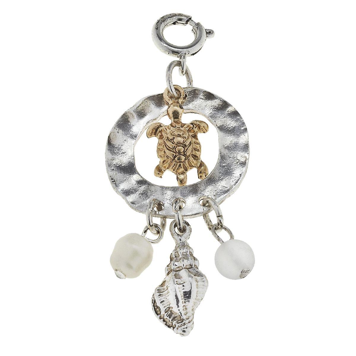 Antique Silver and Gold Turtle Cluster Ring with Frosted Clear Glass Charm