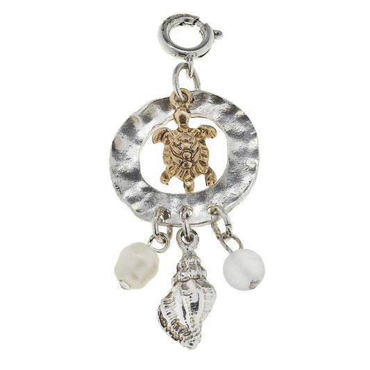 Antique Silver and Gold Turtle Cluster Ring with Frosted Clear Glass Charm