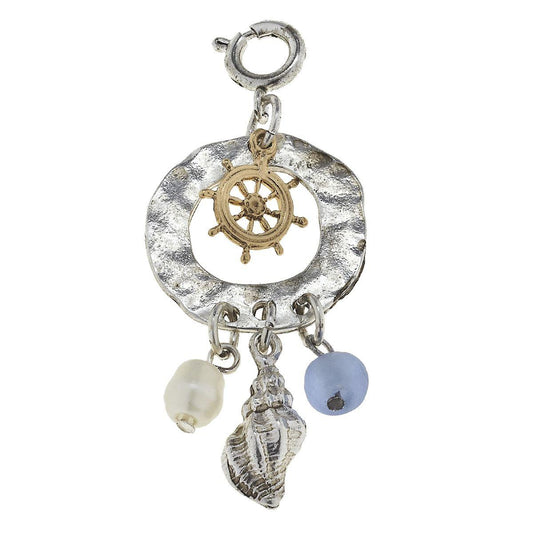 Antique Silver and Gold Wheel Cluster Ring with Dark Blue Glass Charm