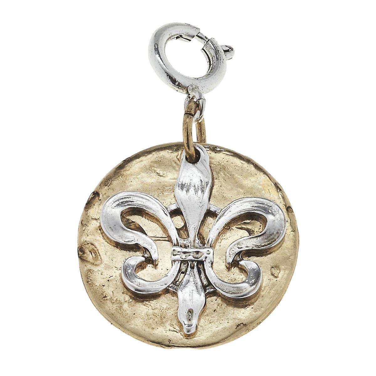 Antique Silver Fleur De Lis on Antique Gold Disk Charm
