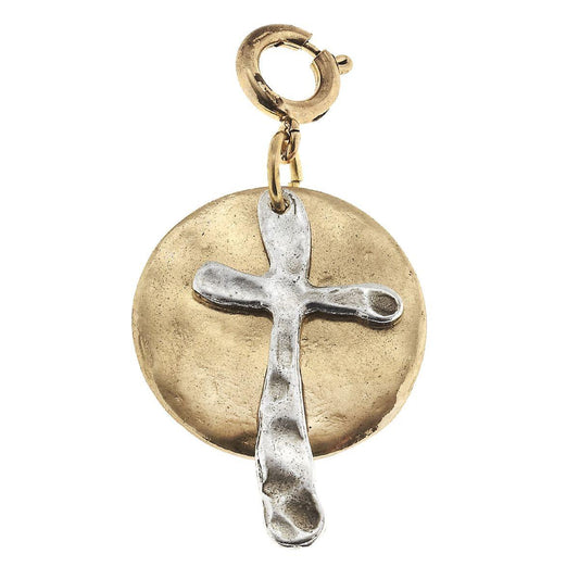 Antique Silver Cross on Antique Gold Disk Charm