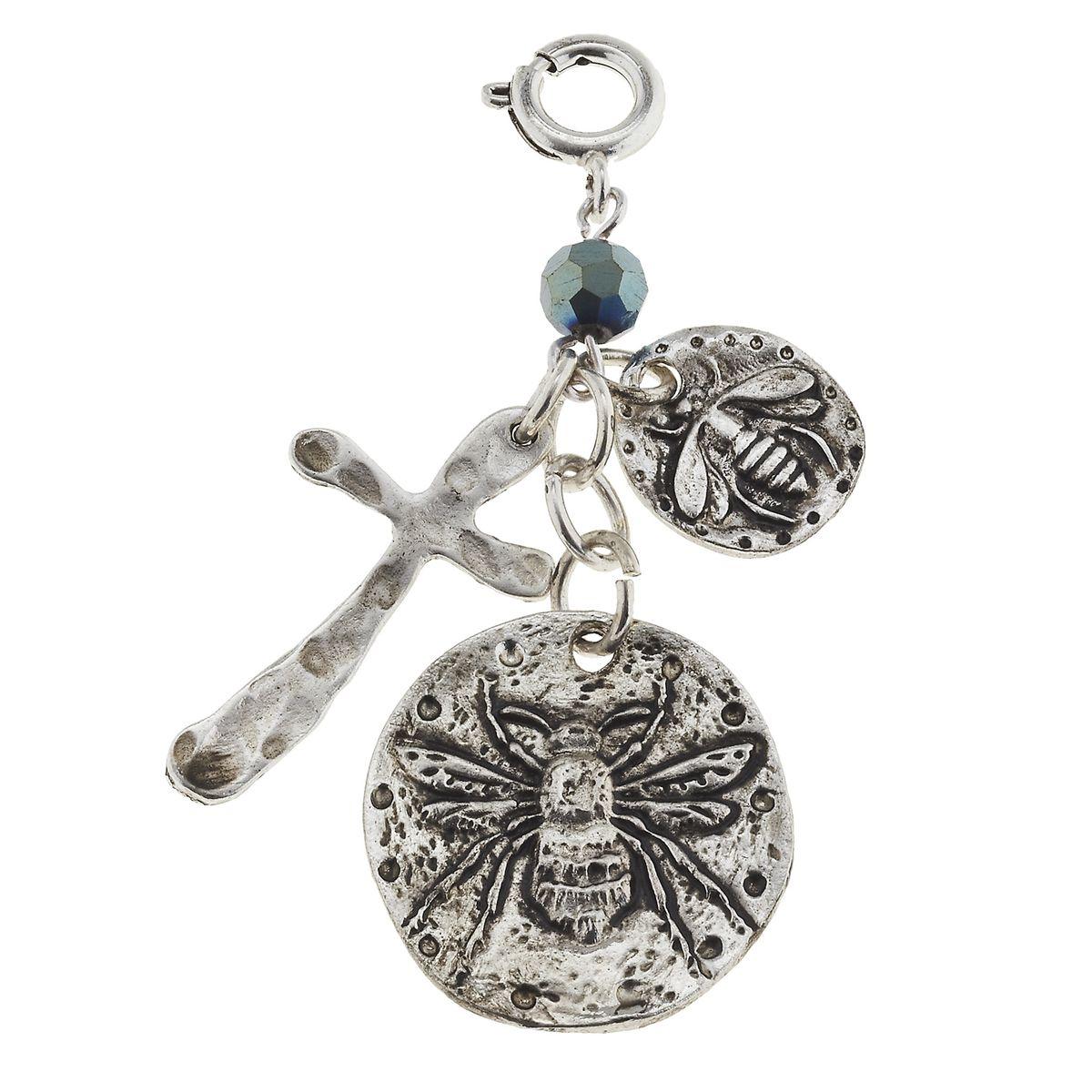 Antique Silver Bee, Cross and Lavender Glass Bead Charm
