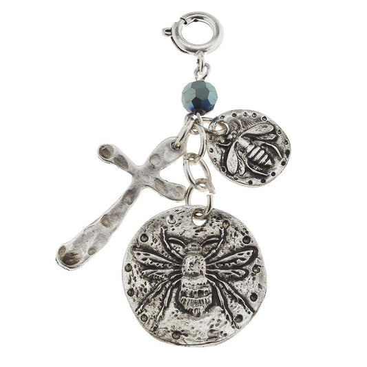 Antique Silver Bee, Cross and Lavender Glass Bead Charm