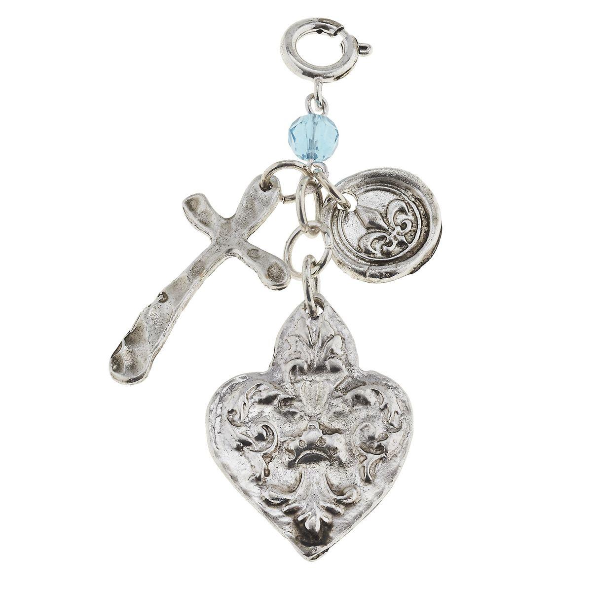Antique Silver Fleur De Lis, Cross and Aqua Glass Bead Charm