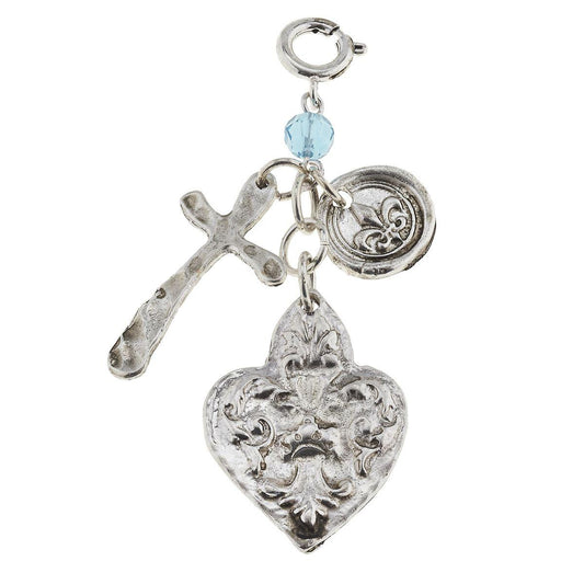 Antique Silver Fleur De Lis, Cross and Aqua Glass Bead Charm