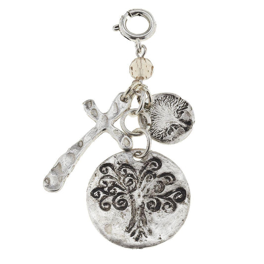 Antique Silver Tree, Cross and Platinum Glass Bead Charm