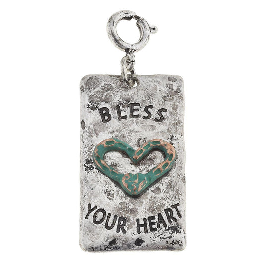 Antique Silver "Bless Your Heart" Phrase Plate with Patina Arrow Charm