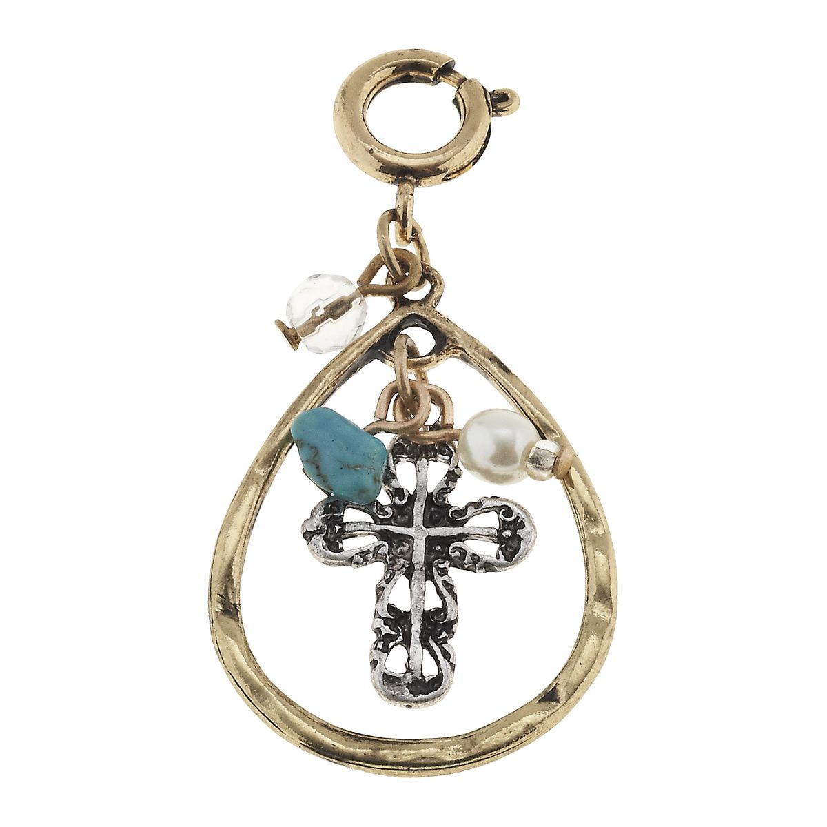Antique Silver Cross Charm Cluster in Antique Gold Teardrop Charm