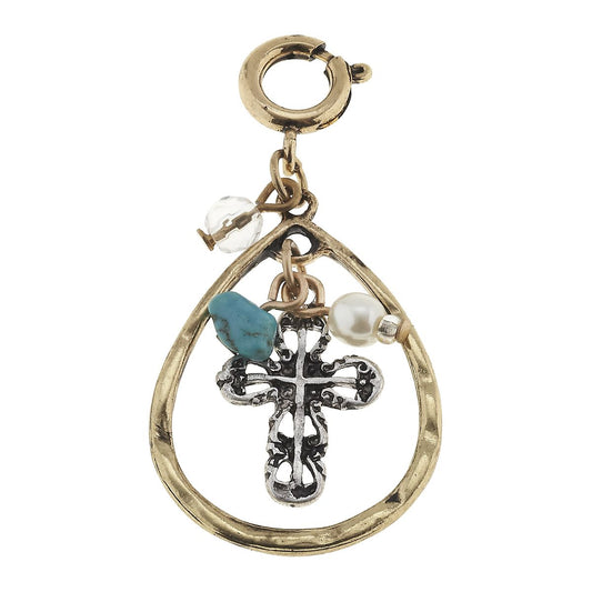 Antique Silver Cross Charm Cluster in Antique Gold Teardrop Charm