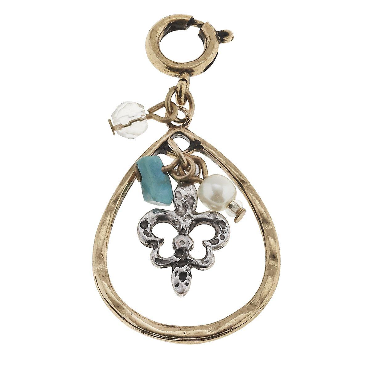 Antique Silver Fleur De Lis Charm Cluster in Antique Gold Teardrop Charm