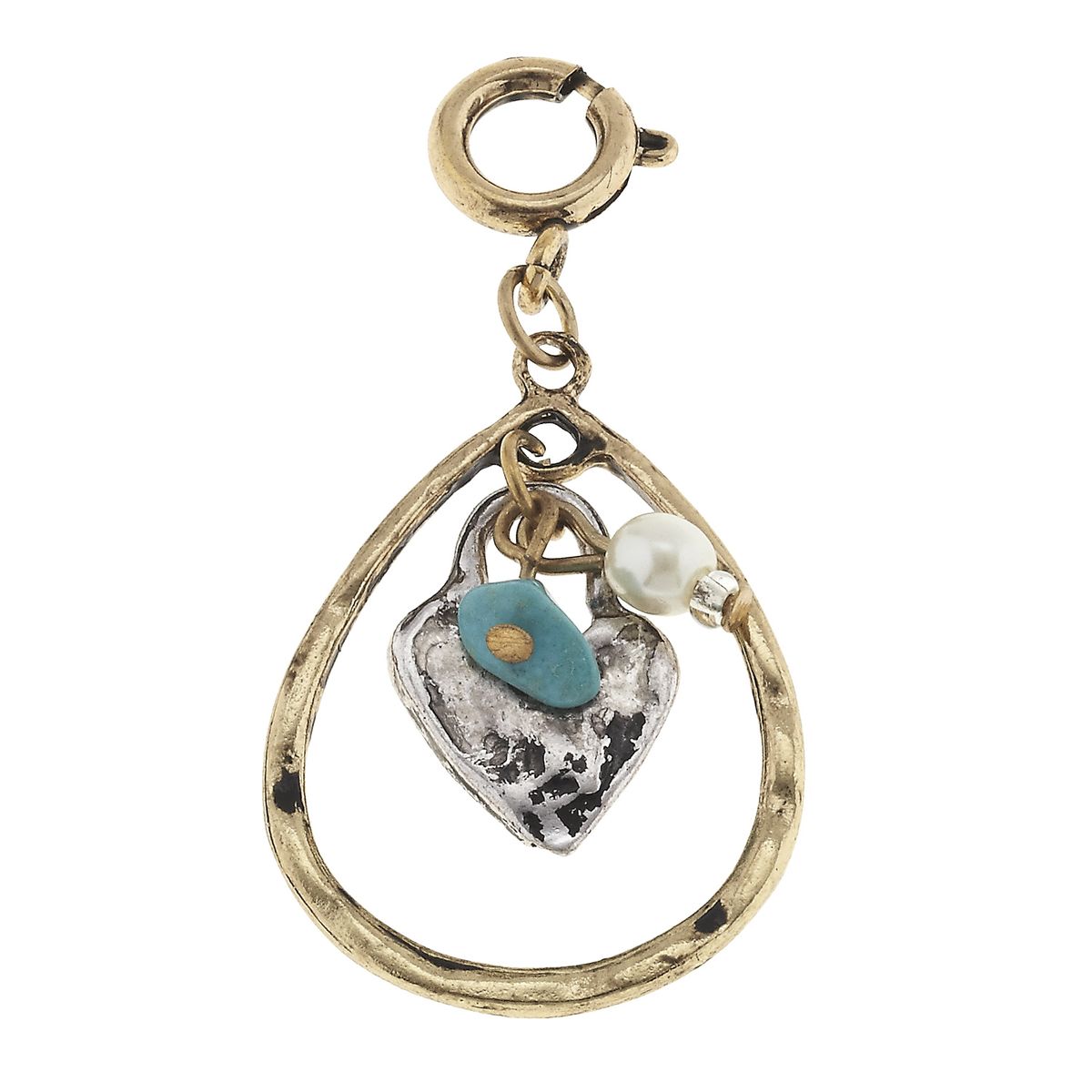 Antique Silver Heart Charm Cluster in Antique Gold Teardrop Charm