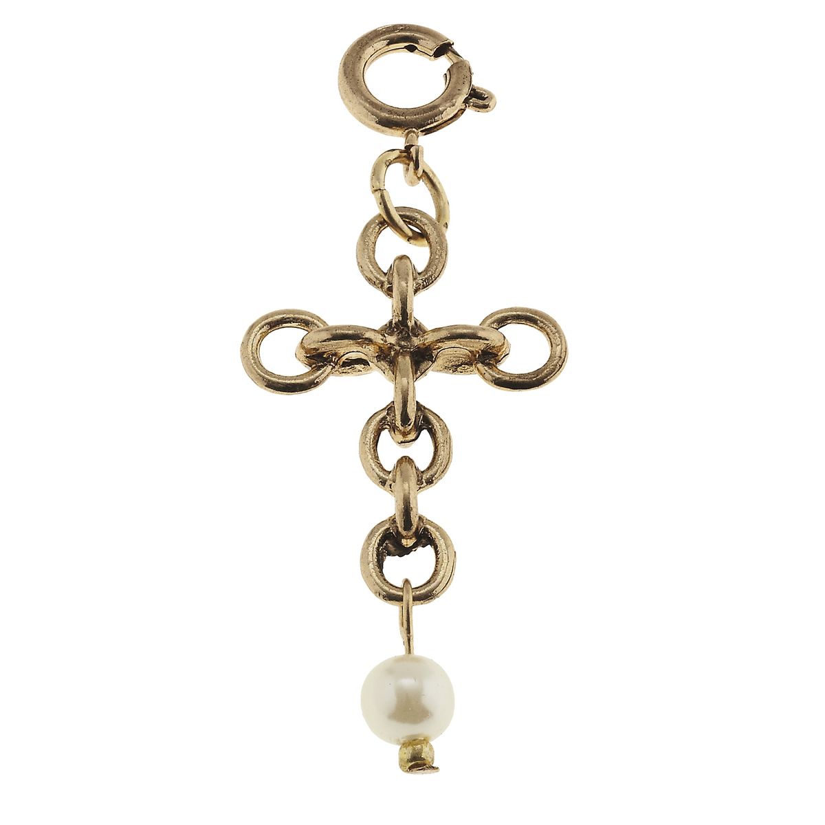 Antique Gold Chain Cross and Ivory Pearl Linked Charm