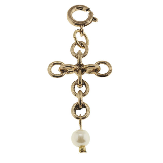 Antique Gold Chain Cross and Ivory Pearl Linked Charm