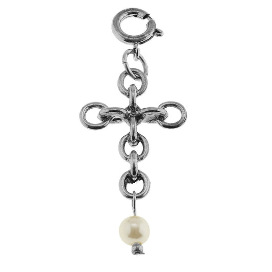 Antique Silver Chain Cross and Ivory Pearl Linked Charm