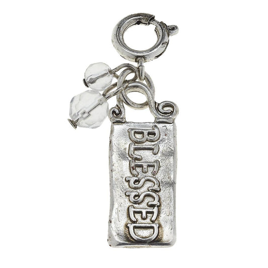 Antique Silver Artisan Phrase Charm - Blessed