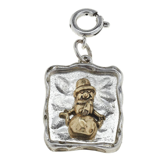 Gold Snowman on Silver Square Charm