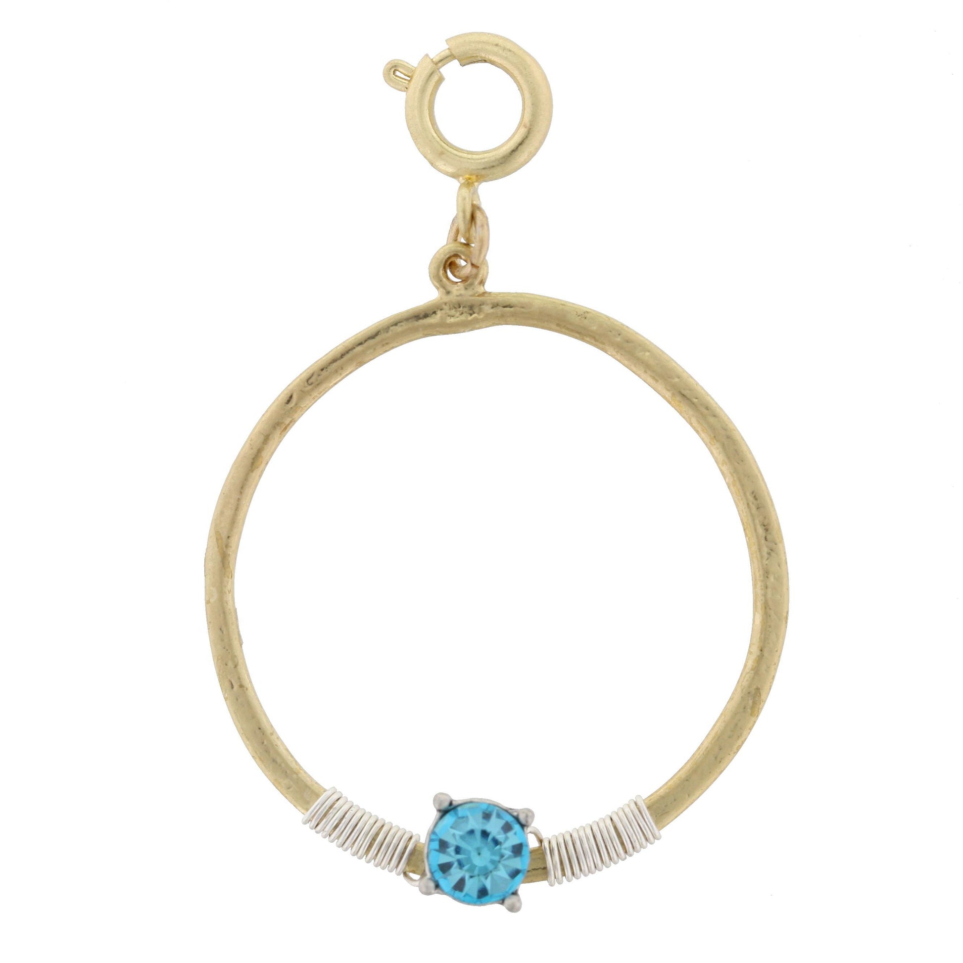 Gold Circle with Silver Wire Wrapped and Encrusted Aqua Rhinestone Charm