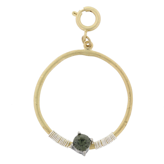Gold Circle with Silver Wire Wrapped and Encrusted Black Diamond Rhinestone Charm