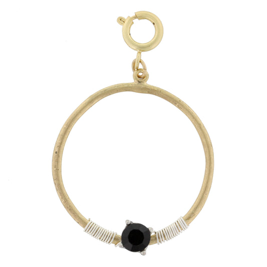 Gold Circle with Silver Wire Wrapped and Encrusted Flat Black Rhinestone Charm