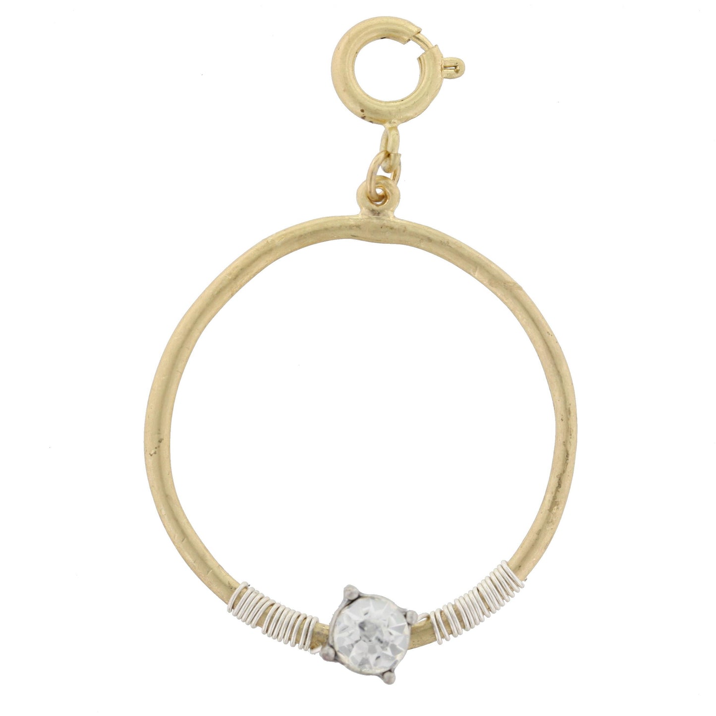 Gold Circle with Silver Wire Wrapped and Encrusted Clear Rhinestone Charm