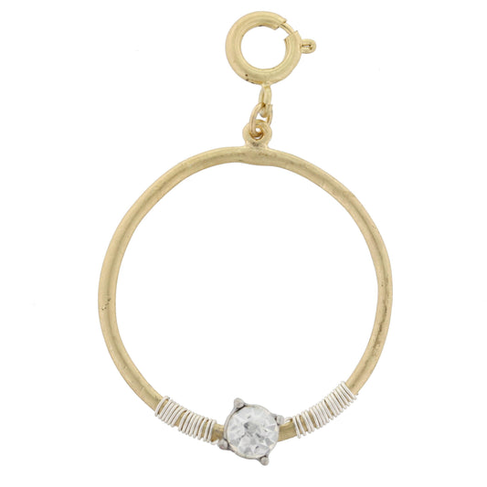 Gold Circle with Silver Wire Wrapped and Encrusted Clear Rhinestone Charm