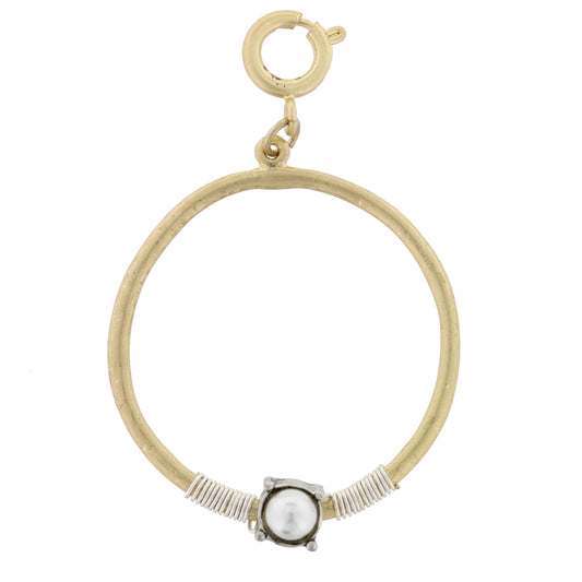 Gold Circle with Silver Wire Wrapped and Encrusted Ivory Pearl Rhinestone Charm