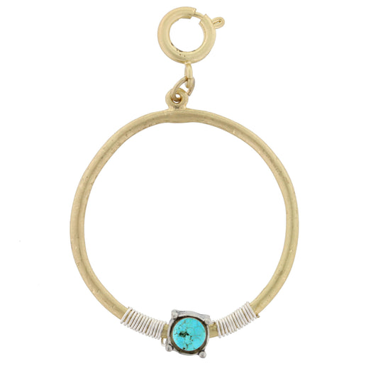 Gold Circle with Silver Wire Wrapped and Encrusted Turquoise Rhinestone Charm