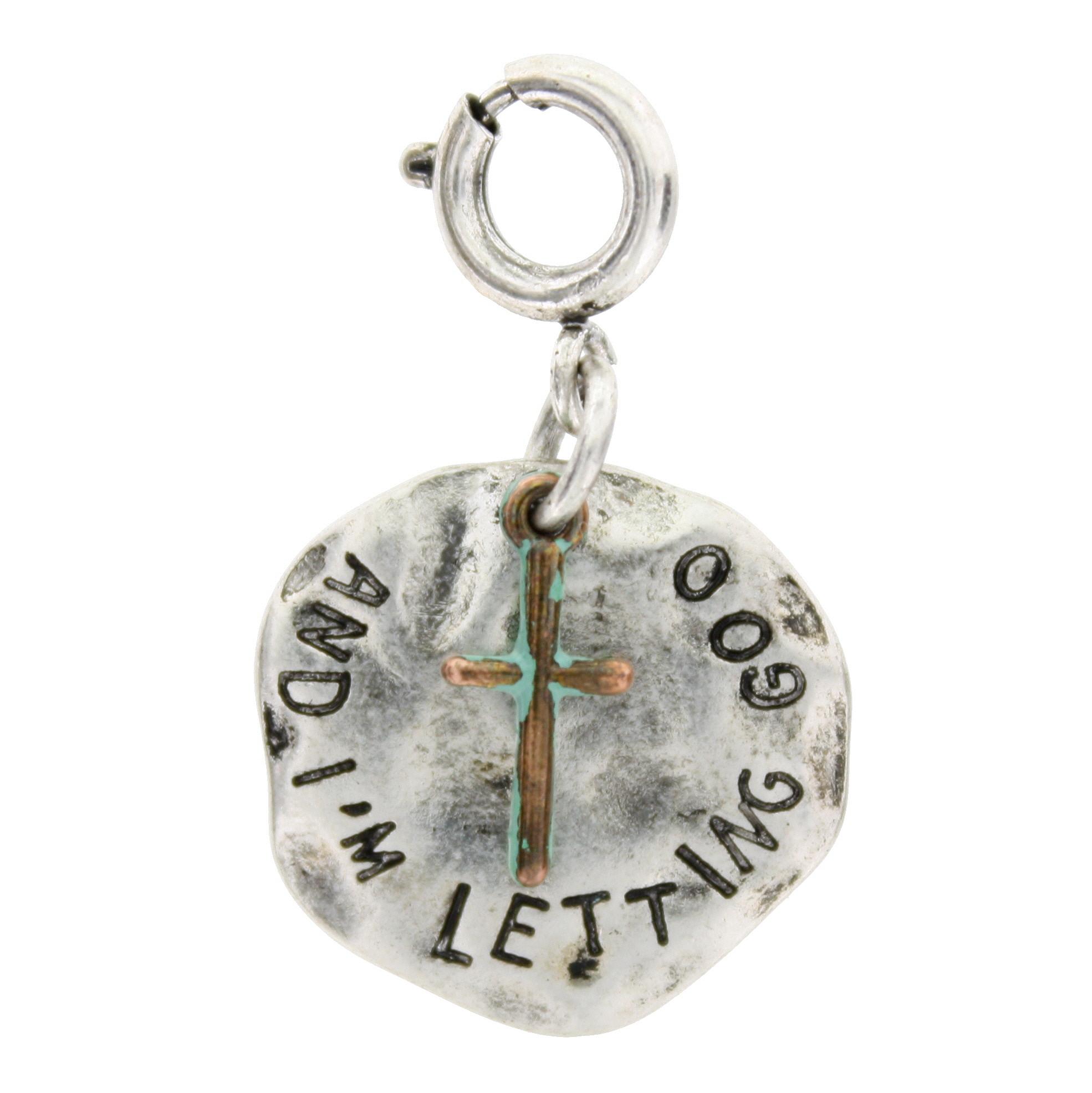 "And I'm Letting God" Silver Plate with Patina Brushed Cross Charm