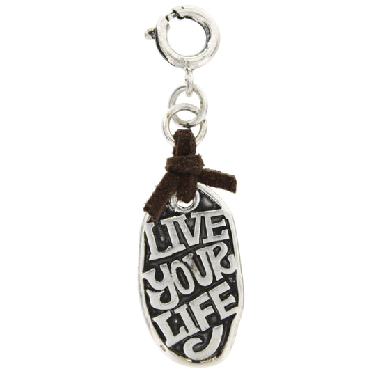 Silver "Live Your Life" Elongated Charm + Dark Brown Leather Accent