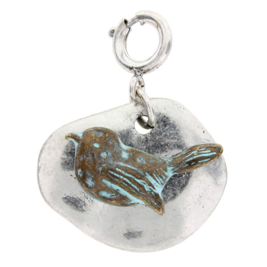 Patina Brushed Bird in Flight on Silver Plate Charm