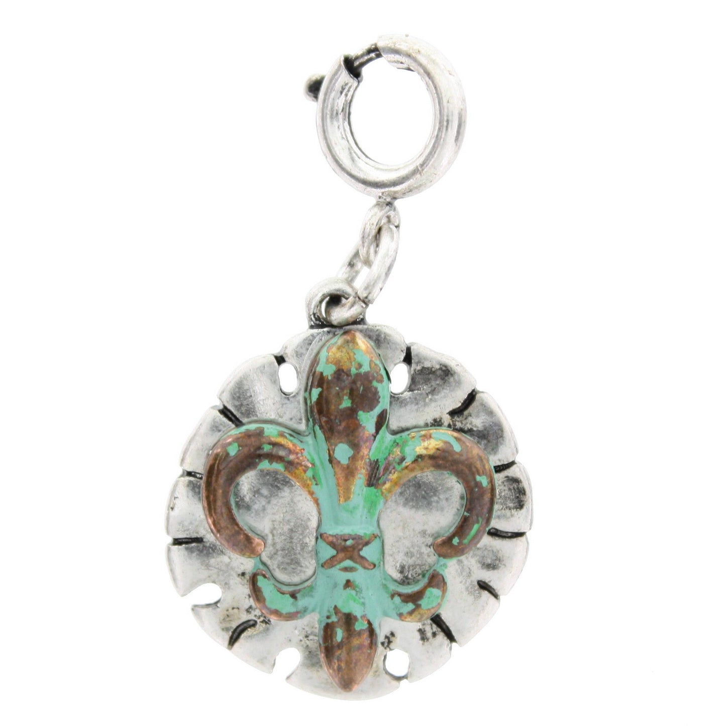 Patina Brushed Fleur De Lis On SIlver Plate Charm