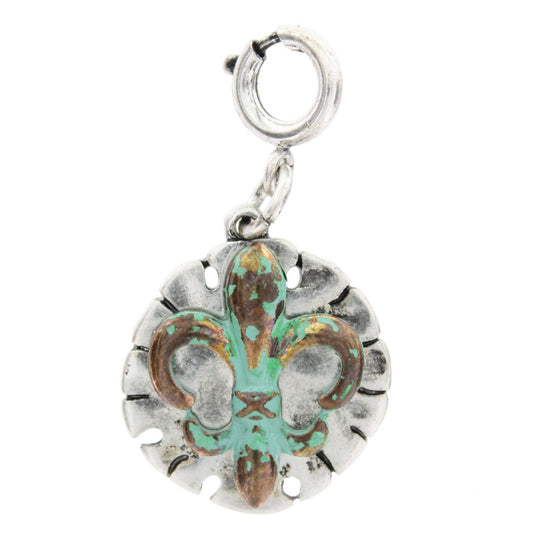 Patina Brushed Fleur De Lis On SIlver Plate Charm