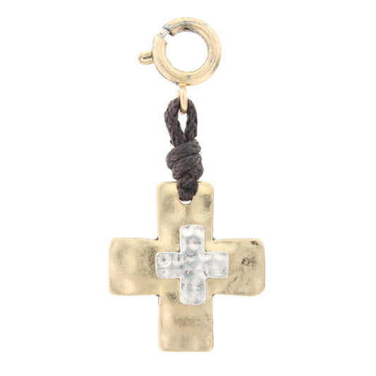 Silver Cross On Gold Cross with Leather Connector Charm