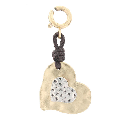 Silver Heart On Gold Heart with Leather Connector Charm
