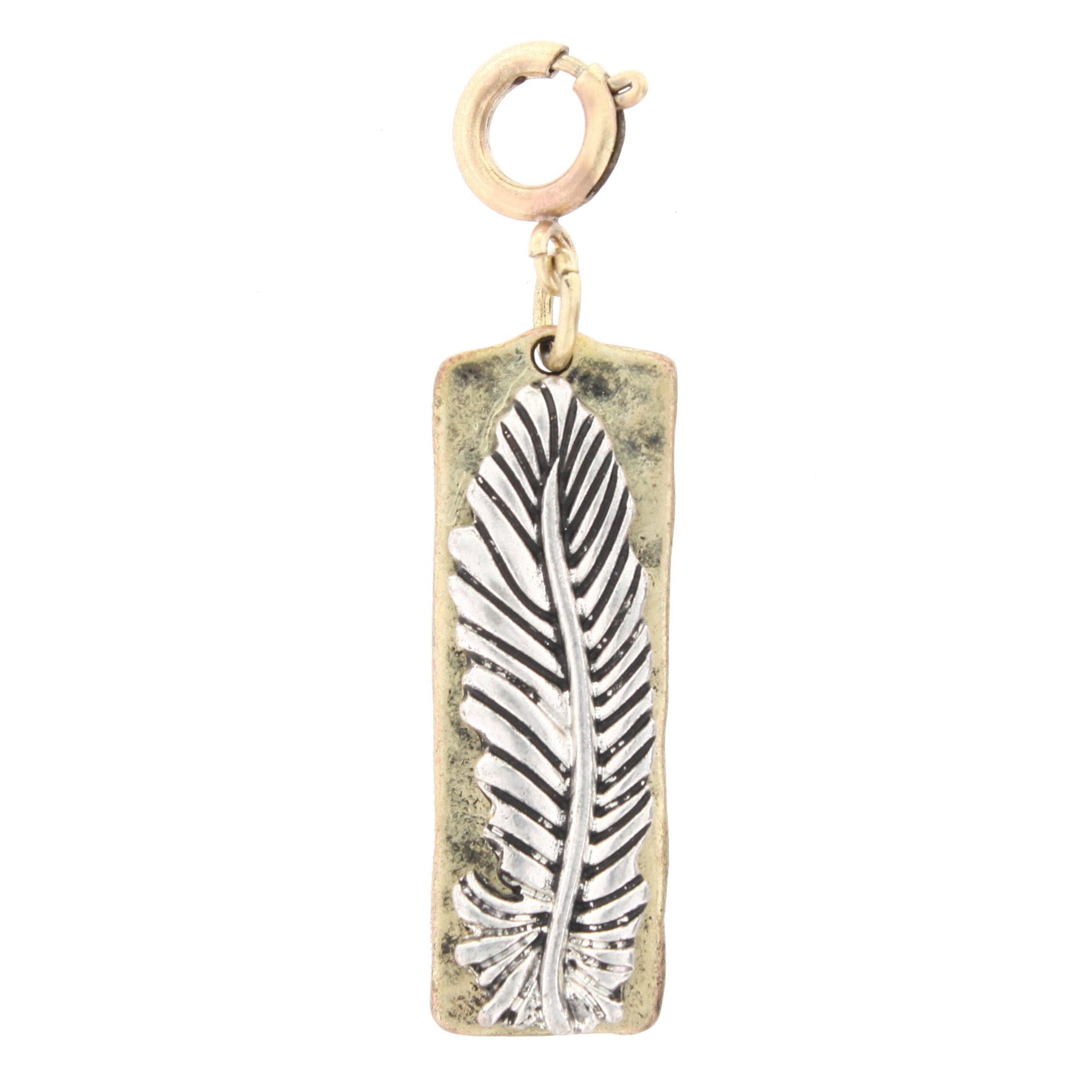 Silver Feather On Gold Rectangle Charm