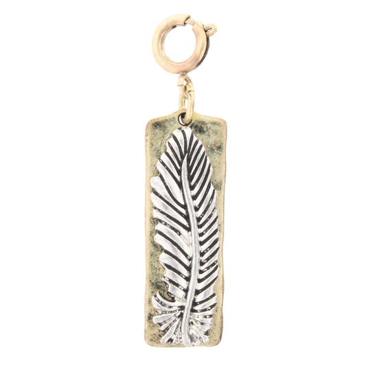 Silver Feather On Gold Rectangle Charm