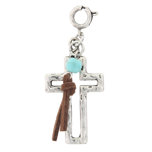 Silver Cross with Turquoise Bead And Leather Tassel Charm