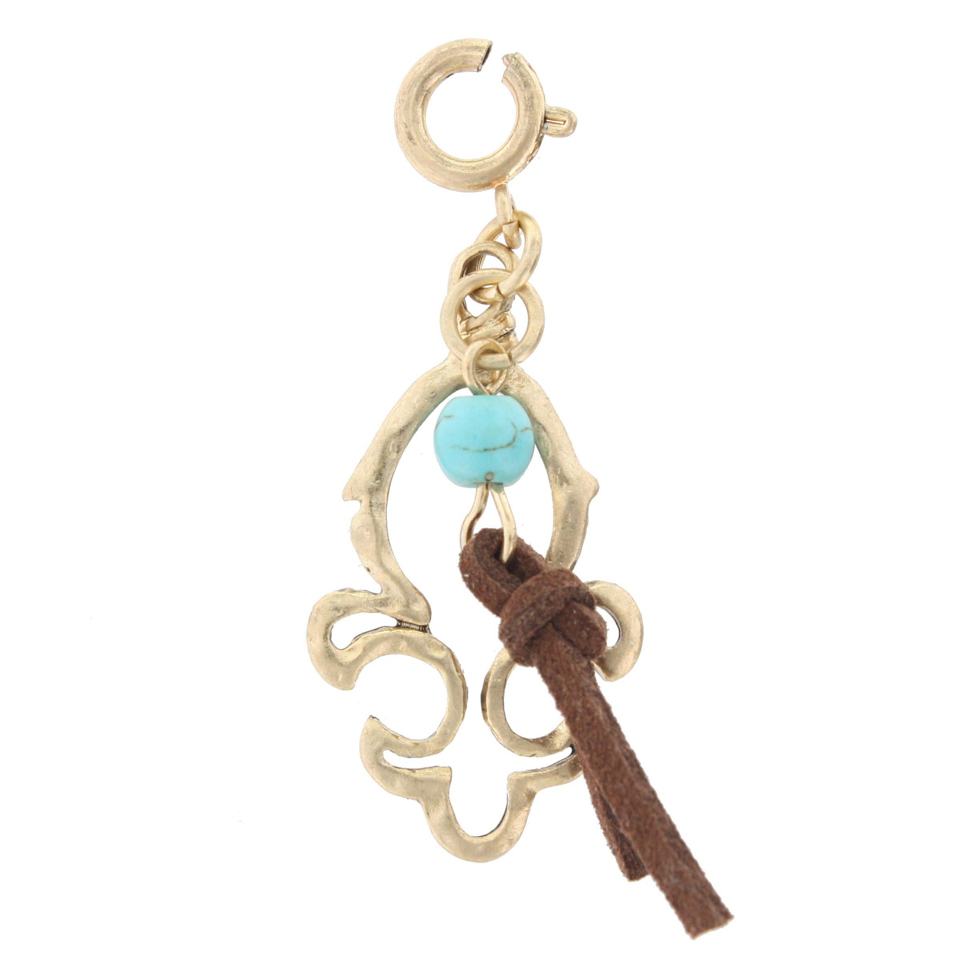Gold Fleur De Lis with Turquoise Bead And Leather Tassel Charm