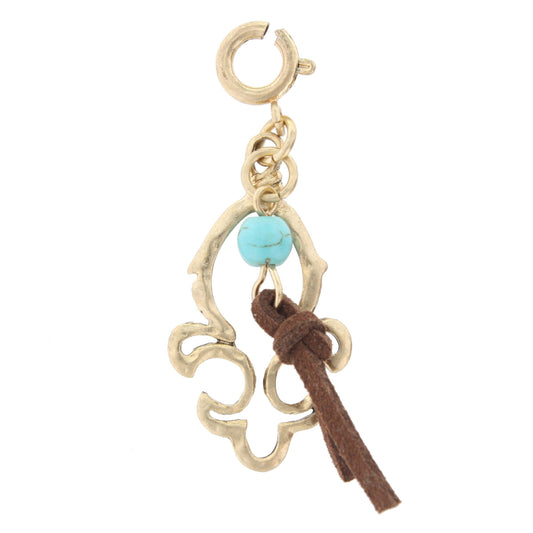 Gold Fleur De Lis with Turquoise Bead And Leather Tassel Charm