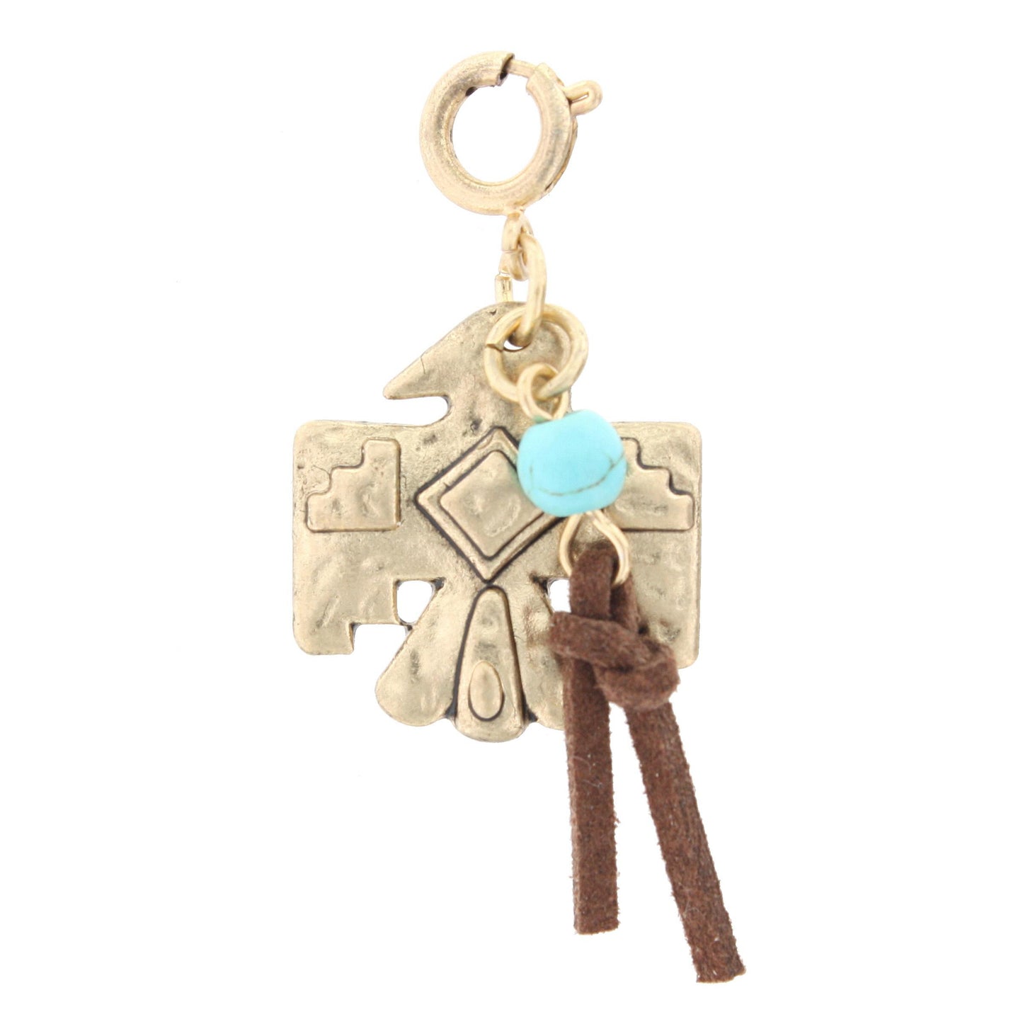 Gold Thunderbird with Turquoise Bead And Leather Tassel Charm